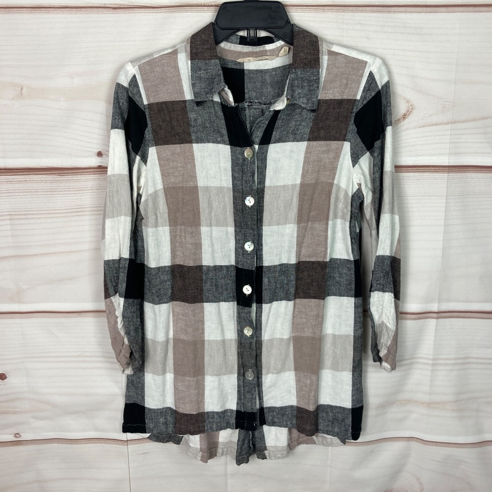 Soft Surroundings Top Womens M Black Beige Check‎ Shirt Button Up Zip Back Linen
